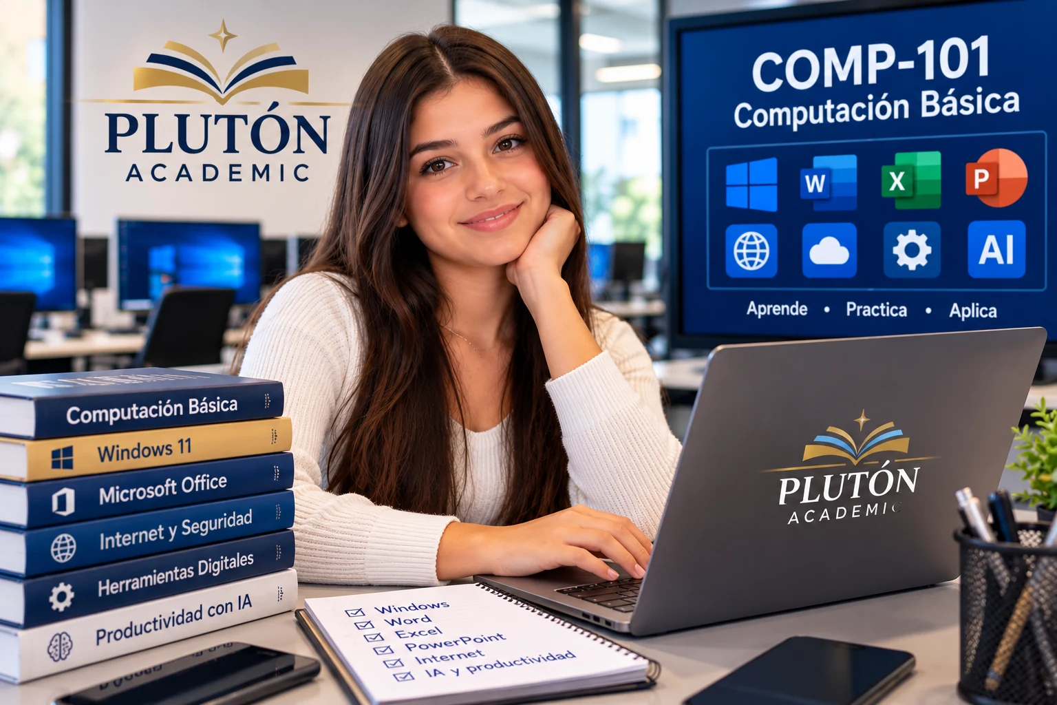 Estudiante con portátil y libros de computación en un laboratorio informático