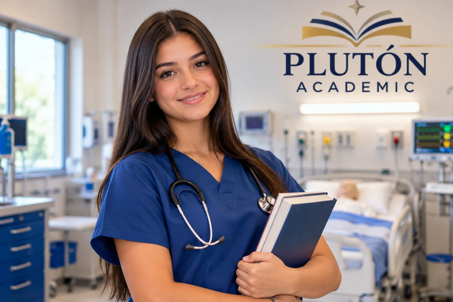 Estudiante con uniforme azul de enfermería y libros en un entorno clínico